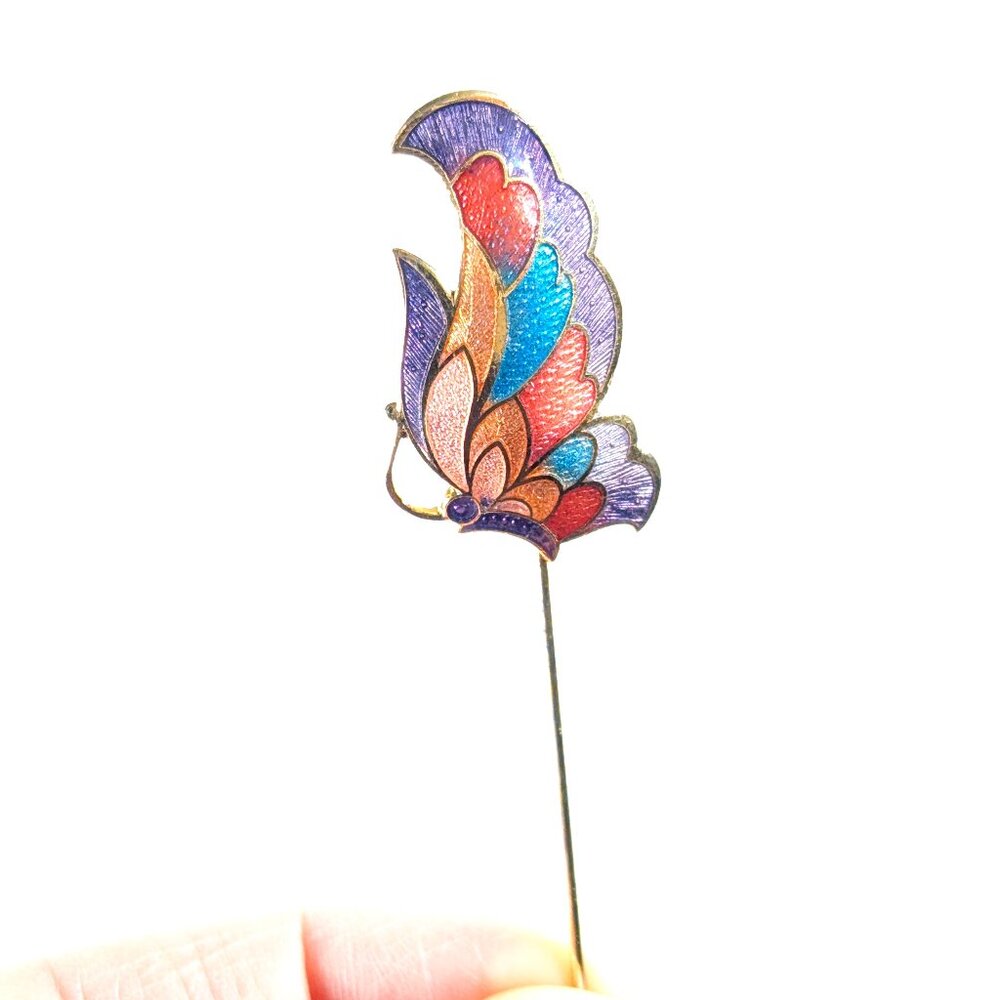 Thai enamel butterfly stickpin in pastel pink, purple, blue